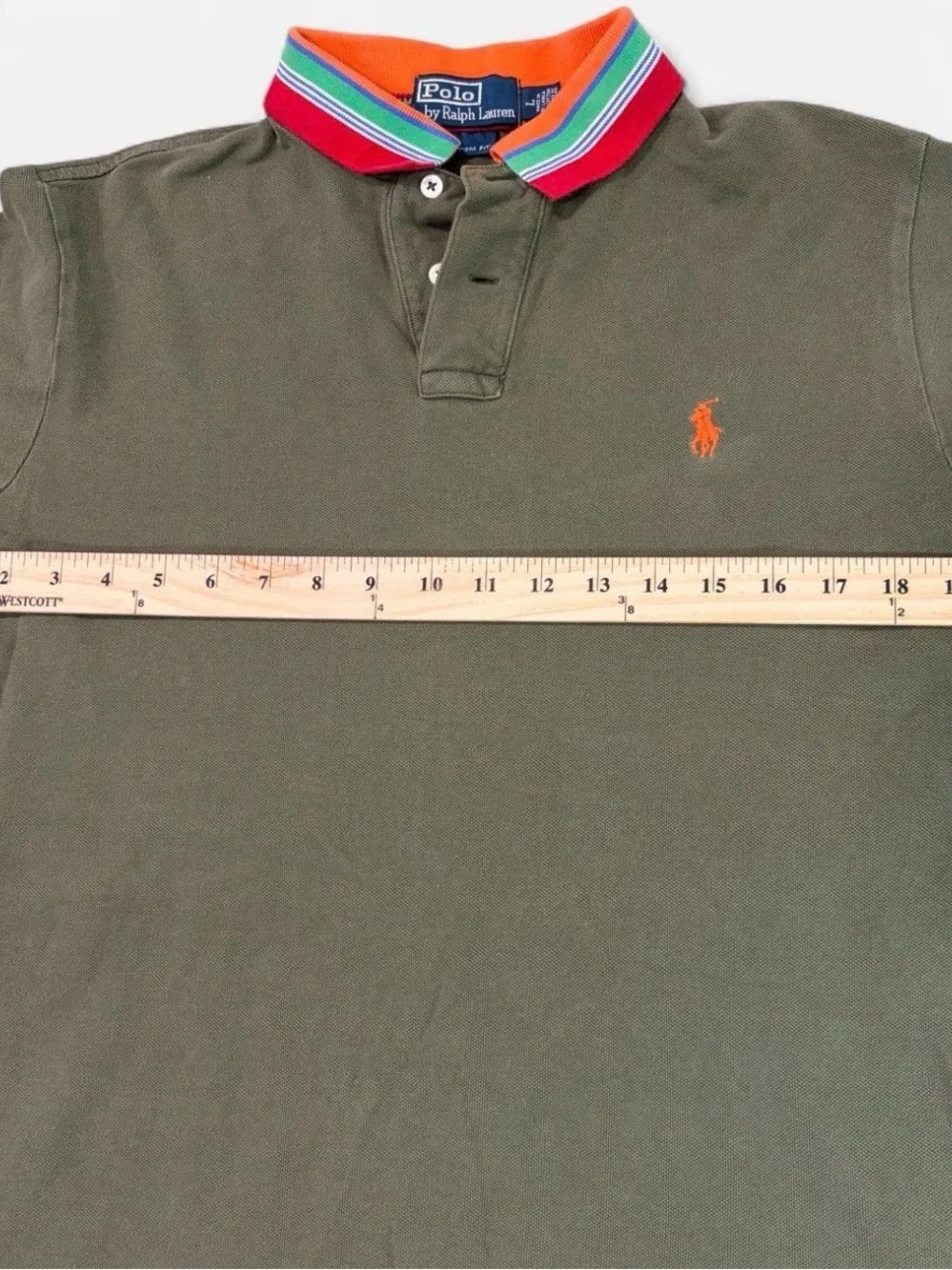 Polo by Ralph Lauren Olive Polo with Orange & Multicolor Stripe Collar